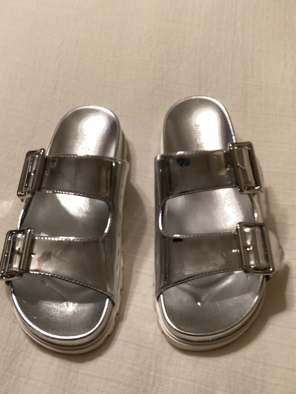 Nine West Girls' Silver Double Buckle Slide Sandals